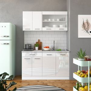 Livinity® Singleküche R-Line, 140 cm mit Arbeitsplatte, Weiß Hochglanz/Weiß