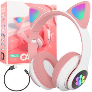 Kopfhörer für Kinder mit Bluetooth 5.0 Katzenohr Verstellbare mit Mikrofon Kabellos Kinderkopfhörer LED RGB Licht für Mädchen Tablet PC Rosa Retoo