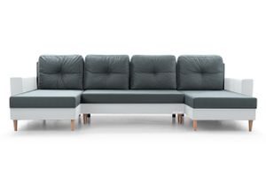 Wohnlandschaft Ecksofa U-Form mit Schlaffunktion Eckcouch mit Bettkasten Sofa Couch Polsterecke U-Sofa - 300 x 90 x 142 cm  - CARL U Grau + Weiße Kunstleder (Manila 16 + Soft 17)