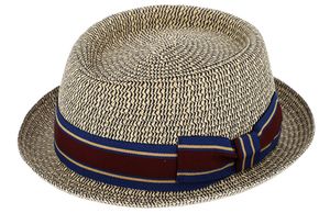 Fiebig Papierhut Pork Pie melange mit gestreiftem Ripsband Marine Gr. 55