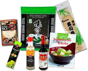 Sushi Starter Set 7 teilig + GRATIS Reislöffel | Nori Reis Wasabi Essig Sojasauce Rollmatte Rezeptheft