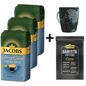 JACOBS Kaffeebohnen Expertenröstung Crema Mild Röstung des Jahres 3 kg ganze geröstete Bohnen + 1 Jacobs Barista Becher+ 1 Dose
