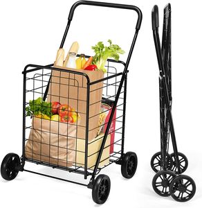 COSTWAY Skládací nákupní vozík, nákupní vozík na kolečkách, nosnost 45 kg, objem 83 l, přenosný ruční vozík, vozík na kolečkách, univerzální vozík na prádlo, nákupy, zavazadla (černý)
