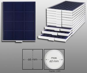 Prophila Collection Münzbox grau 12 eckige Fächer für Münzen bis 66 mm, Blaue Einlage