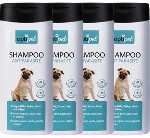 OptiPet 4x250ml Anti-Parasiten-Shampoo für Hunde bekämpft Flöhe, Zecken, Milben, pflegt das Hundefell