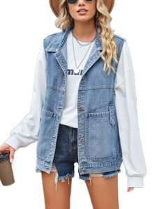Ladies Pocket Coat Party Ärmellose Denim Weste Casual Button Down Westen Down Unifarben,Farbe:Blau,Größe:XL
