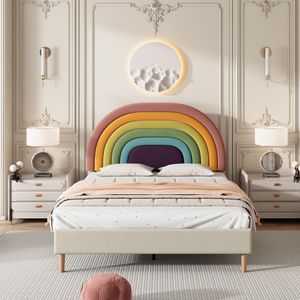 Fortuna-Lai Polsterbett 140x200cm Samt mit Regenbogen-Kopfteil und Lattenrost Doppelbett Kinderbett für Damen Kinder Jugend, Beige