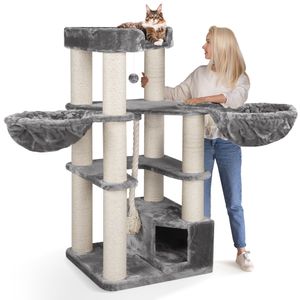 happypet® Kratzbaum XL stabil | 161 cm hoch | für große Katzen | 47 kg  | 12 cm dicke Sisalstämme | Höhle, Liegemulde, Spiel-Tau | Main Coon | GRAU
