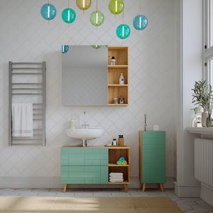 Livinity® Bad Spiegelschrank Rudi, 90 x 80.9 cm mit Tür und offenen Fächern, Mintgrün/Eiche