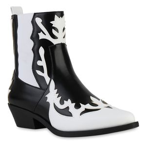VAN HILL Damen Cowboy Boots Stiefeletten Spitze Schuhe 840899, Farbe: Weiß Schwarz, Größe: 39