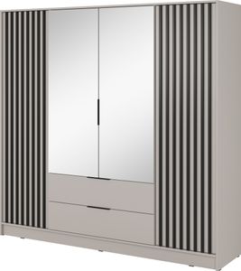 Schlafzimmerschrank 206 x 200 x 51 cm JOHN 4D (Kaschmir) mit Spiegiel und 4 drehbaren Türen und 2 Schubladen Latten aus Holz Loft Style Industrieller Schrank Kleiderschrank (Spannstange) mit Regalen