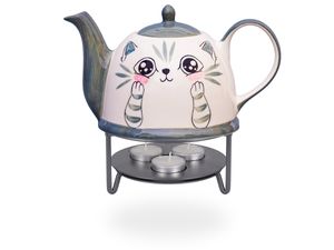 Teekanne mit Stövchen / Teekrug / Teebereiter 1,5l Katzengesicht