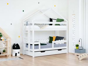 Benlemi Sada: Domečková patrová postel KILI 90x200 cm s dřevěným úložným šuplíkem BUDDY na kolečkách s roštem Bílá