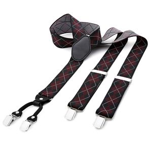 DonDon® Herren Hosenträger breit 3,5 cm - 4 Clips mit Leder in Y-Form - elastisch und längenverstellbar kariert in schwarz rot weiß