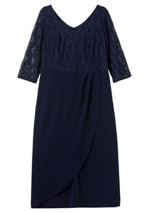 sheego Damen Große Größen Abendkleid in Wickeloptik, mit Spitze und 3/4 Arm Abendkleid Abendmode elegant Rundhals-Ausschnitt Spitze unifarben