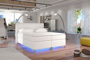 Selsey - 160 x 200 cm Boxspringbett / Polsterbett TORLEE mit Bettkasten und RGB Beleuchtung (Weiß Kunstleder)