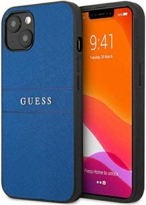 Guess Saffiano Metal Logo Stripes - pouzdro pro iPhone 13 mini (modré)
