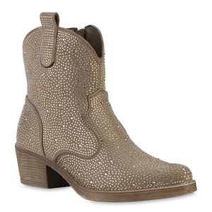 VAN HILL Damen Cowboy Boots Stiefeletten Spitze Strass Western Schuhe 840903, Farbe: Khaki, Größe: 39