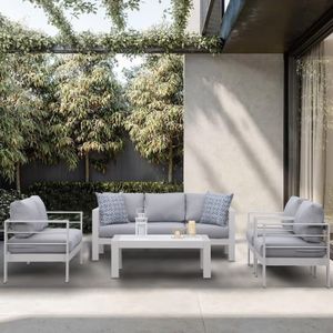 MeXo Gartenmöbelset, Loungeset Aluminium für 6-7 Personen mit Kissen und Couchtisch Indoor Outdoor Balkon weiß (Sitzgruppe, Aluminiumrahmen)