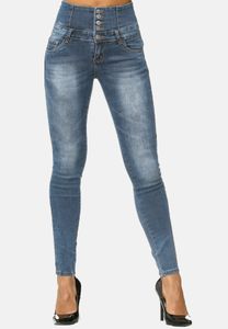 Damen Skinny Jeans Hose High Waist Demin Stretch Shaping 5-Pocket Design, Farben:Dunkelblau, Größe:34