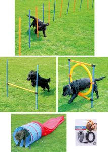 Hunde Agility-Set Hundesport 12 Slalom Stangen + Hürde + Ring + Tunnel + Clicker