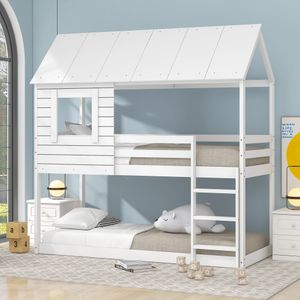 Flieks Patrová postel 90x200 cm, dětská postel s ochranou proti vypadnutí a žebříkem, podkrovní postel House Bed s lamelovým rámem, dřevěná postel pro děti, bílá
