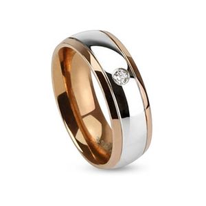 Damen Herren Ring Edelstahl Partnerring Ehering Zweifarbig Zirkonia Kristall rosegold-silber 49 - Ø 15,70 mm 6 mm