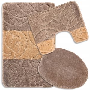 Badteppich Set 3-tlg. Leaves - Badezimmer Teppich Rutschfest & Weich - Badteppich, Badvorleger - Badematten Set Braun 50x80 cm