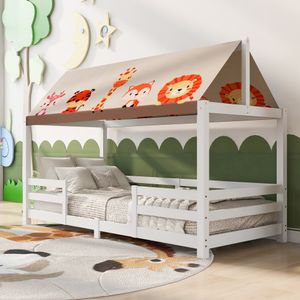 Flieks Kinderbett Hausbett Einzelbett mit Rausfallschutz und Leinen Tierbild Zeltdach, 90x200cm Weiß ohne Matratze