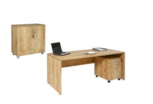 Schreibtisch Set 2 Nuvi, Saphir EicheNachbildung, inkl. Schreibtisch 160 cm, Rollcontainer 3 Schübe & Aktenschrank