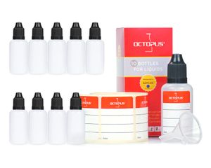 10 Plastikflaschen 30 ml LDPE, G14, Tropfeinsatz, Deckel schwarz, 1 Mini-Trichter