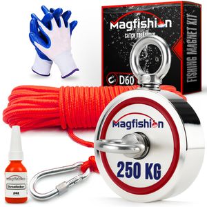Magfishion® Fisch Magnet Set - 250 kg – Starker Doppelseitiger Magnet - Angelmagnet aus Neodym – Inkl. Seil, Schraubensicherung & Handschuhe - Perfekt zum Magnet Fischen - Ø60mm