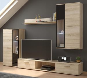 BroMARKT Design Wohnzimmer-Set mit TV-Lowboard und 2 Vitrine "Kuba", Sonoma Eiche