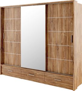 Furniture24 Schwebetürenschrank Kleiderschrank Schiebetürenschrank AR-01 ARTI Garderobenschrank mit Spiegel 3 Schubladen und Beleuchtung Stirling Eiche, 250 cm breit