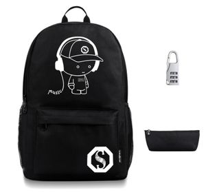 Leuchtender Rucksack mit USB-Ladeanschluss, Diebstahlsicherung und Federmäppchen, Schulrucksack für Jungen und Mädchen im Teenageralter, leichte Laptoptasche, schwarz