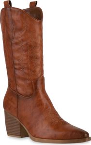 VAN HILL Damen Stiefel Cowboystiefel Stickereien Schuhe 838384, Farbe: Hellbraun, Größe: 38
