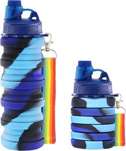 FNCF Wasserflasche für Kinder, tragbar, faltbar, Silikon, auslaufsicher, mit Umhängeband, für Mädchen, BPA-frei (Blau)