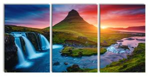 Kirkjufell Vulkan im Sonnenuntergang, XXL Leinwandbild in Übergröße 240x120cm Gesamtmaß 3 teilig / Wandbild / Kunstdruck