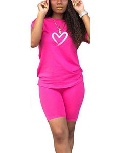 Damen T-Shirt Kurze Yoga Rundhalsausschnitt Love Print Sleeve Sport Set Zweiteiliges Set Rosenrot,Größe:2xl
