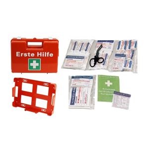 Erste-Hilfe-Koffer für Betriebe DIN 13157 PREMIUM Verbandkasten.Farbe Orange + Wandhalter & Rettungsschilder + Füllung 64-Teilig mit Kühlpad.