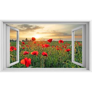 Bild auf Leinwand Fensterblick Mohnfeldblume bei Sonnenuntergang Sagenhafter Effekt Wandbild Leinwandbild 100x57cm