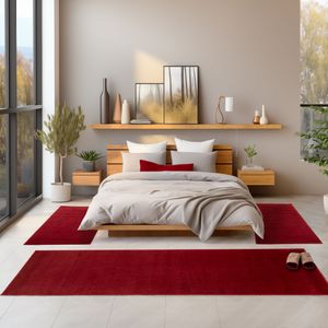 Bettvorleger Schlafzimmer Teppich Läufer Bettumrandung Kurzflor Teppich 3 Teilig Einfarbig Weich , Größe : 2x 60 x 100 cm , 1x 80 x 150 cm , Farbe : Rot