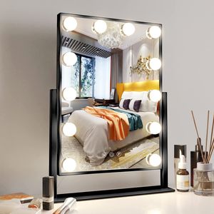 Fine Life Pro Kosmetické zrcadlo, 30 x 47 cm, toaletní zrcadlo s osvětlením, 3 barevné režimy, 12 stmívatelných LED diod, make-up zrcadlo,Černý