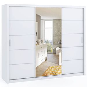 GRAINGOLD Schwebetürenschrank 250 cm Bino - Kleiderschrank, Schrank - Garderobe Spiegel - Kleiderschrank für Schlafzimmer mit Schiebetüren - Weiß