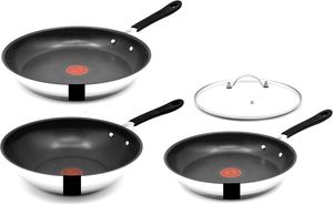 Tefal Pfannen-Set Jamie Oliver E30 Pfannen Set 24+28cm, Wokpfanne mit Deckel 28cm Wok, Edelstahl 18/10 (Inkl. 1 Wender & Filzschoner, Pfannenset)