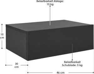 Juskys Wandregal Nachttisch hängend 2er Set Holz 46x30x15 cm BTH - 1 Schublade & Ablage pro Nachtkommode - Wandmontage - Nachtschrank Schwarz