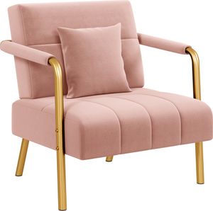 Yaheetech Samtiger Sessel Polstersessel mit Lendenkissen, Einzelsessel Loungesessel 71,5 cm B mit Metallbeinen, Rosa