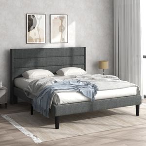 Merax Čalúnená posteľ 140 x 200 cm Manželská posteľ s roštovým rámom a čelom, ľanové čalúnené postele pre dospelých a dospievajúcich, tmavo sivá