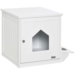 PawHut Cat Litter Box Cabinet with Feeding Basin Side Table Cat House Cat Chest with Accessories Cabinet MDF White 64 x 51 x 51,8 cm
