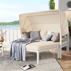 Merax Lounge 3-tlg.Gartenmöbel-Set für 2-4 Personen,Gartensofa mit Sonnendach und 2 Hocker,Gartenlounge Balkonmöbelset Loungemöbel Terassenmöbel,Beige